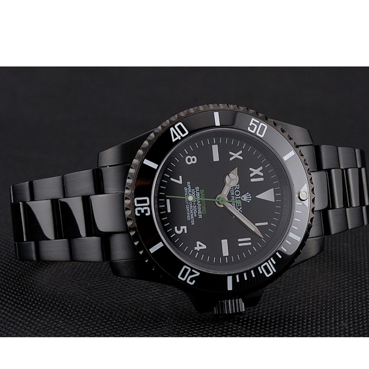 MiroTime 1025 Rolex Bamford Submariner Black Dial Roman Numerals Black Ionized Case And Bracelet
